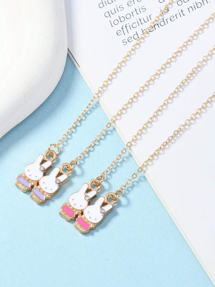 Lindo set de collares de aleación de zinc para mejor amiga/BFF - Colgante doble de conejito y mariposa colorida, único y encantador, gran regalo para el cumpleaños de la hija, celebración de club/fiesta