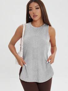 1pc Women Casual Loose Workout Fitness Side Split Solid Color Sleeveless Pullover Sport T-Shirt, Spring/Summer - 淺灰色 - 查看 4