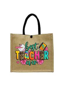 Túi tote vải lanh in hình chữ cái dành cho giáo viên - Có hình bút, sổ tay và họa tiết hoa, túi lớn kèm túi nhỏ, túi mua sắm phối màu kaki, quà tặng Ngày Nhà giáo, túi xách vải lanh cỡ lớn dành cho nữ. - Màu Khaki - Xem 13