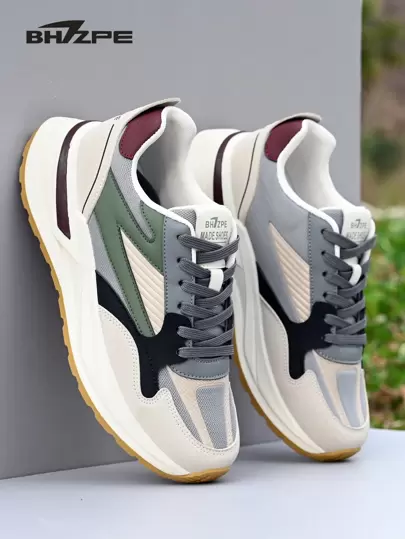 BHZPE Men's Breathable Mesh Patchwork Running Shoes, Comfortable Non-Slip Lace-Up Shock Absorbing Sports Sneakers, Fashionable Chunky Sneakers, Suitable For Outdoor Activities