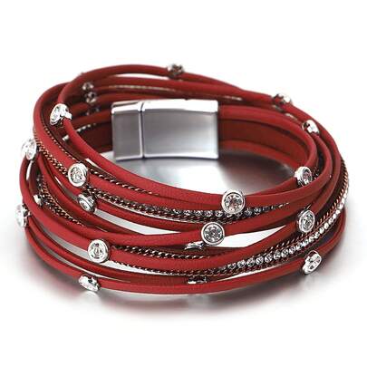 1個 ストラップ ラウンドバックル デザイン ラインストーン装飾 マルチレイヤー PUレザーコードブレスレット レディース 母の日 クリスマス 感謝祭 ハロウィン 結婚式 レイブ/プロム/パーティー/デイリー/ビーチアクセサリー 記念日 バレンタインデー ボヘミアンジュエリー 誕生日 花嫁介添人ギフト
