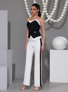 Modphy 2pcs Women 2 Pieces Set: Elegant Color Block Strapless High Waist Top & Straight Leg Pants, Bodycon Outfit - Black and White - View 5