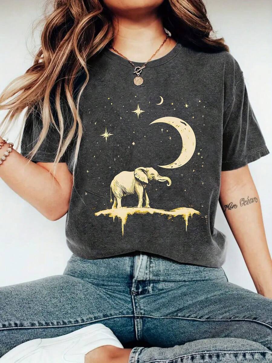 女士休闲短袖圆领 T 恤 - 深灰色 - 查看 1