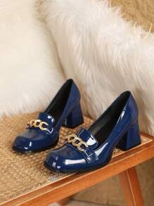 Petite Women's Mary Jane Chunky Heel Pumps, Square Toe Bow Decor High Heels, Comfortable Sapphire Blue Dress Shoes