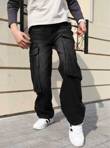 Teen Boys' Black American Style Denim Jeans, New Spring Teen Boy Washed Multi-Pocket Cargo Pants, Teen Boy Casual Straight Leg Trousers - Black - View 4