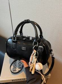 大容量软皮波士顿单肩手提包配毛绒娃娃饰物，女士通勤手提包，适合所有季节 - 黑色 - 查看 7