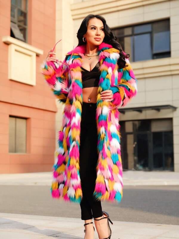 Rainbow Color Fluffy Coat For Women, Fashionable, Lapel Collar, Color Block, Mid-Length, Suitable For Daily Wear, Street, Travel, Tea Party, Airport, Autumn/Winter