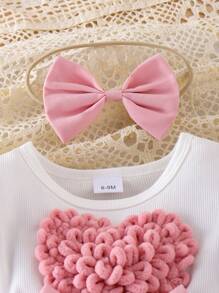 Bộ 4 món dễ thương cho bé gái: Đầm liền thân thêu hình trái tim và nơ trang trí eo màu tương phản kèm băng đô và 1 đôi tất trang trí nơ 3D - Hồng - Xem 4