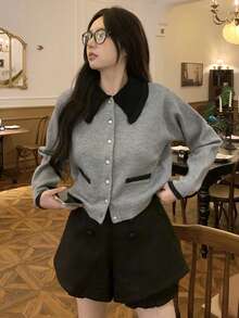 Áo khoác cardigan nữ tay dài cài nút túi giả màu tương phản, thường ngày, mùa xuân/thu - Xám - Xem 3