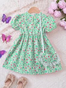 年轻女孩甜美碎花蕾丝边休闲夏装 - 綠色 - 查看 2