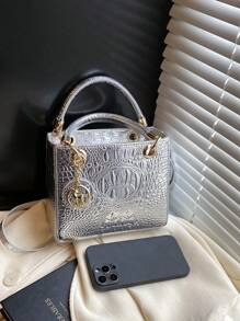 大容量女士手提包，时尚鳄鱼压纹银色托特包，配有可调节斜挎带，是女性最佳母亲节礼物