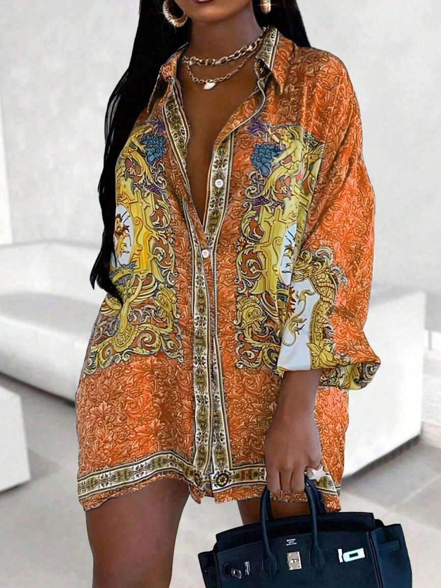 Plus Size Women Floral Print Loose Casual Long Sleeve Blouse - Orange - View 1
