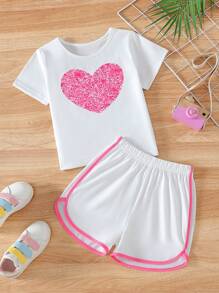 2pcs Young Girl Casual Solid Color Heart Pattern Colorblock Short Sleeve Top And Shorts Set, Summer Outfit For Everyday Wear - White - View 1