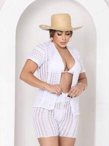 Women's Fashion Knitted Beach Cover-Up Set - White - View 3