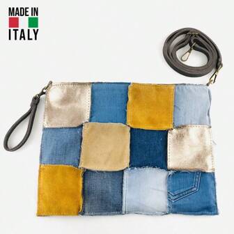 Bolsa de mano de cuero de becerro italiano artesanal y patchwork de mezclilla - Edición única