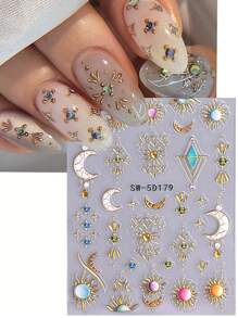 5D Metallic Bohemian Embossed Nail Stickers 2pcs Iridescent Gold Sun Gemstone Graphic Lace Enamel Necklace Moon Design DIY Holographic Engraving Self-Adhesive Gel Polish Decals Sliders Nail Art Decoration Salon Manicure Nail Supplies