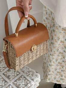 1pc New Straw Woven Shoulder Bag For Women, Bohemia Style, Vacation Travel Beach Tote Handbag With Flap And Lock, Versatile For Daily Use And Holiday - Khaki - View 6