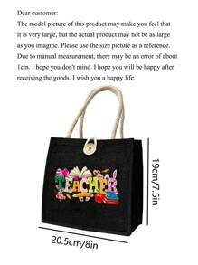 1pc Bunny Teacher Letter Print Linen Tote Bag, Reusable Printed Women'S Tote Bag, Double Handle Shopping School Bag, Large Capacity Shoulder Bag, Casual Tote Bag, Easter Storage Bag, Suitable For Commuting, School And Shopping, Convenient For Outdoor Use, Gift For Friends And Bffs, Teacher Gift, Perfect Choice For Holidays And Festivals