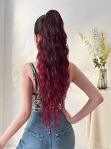 24-Inch Brown Long Wavy Heat-Resistant Synthetic Ponytail Hair Extensions, Claw Clip On, Suitable For Daily Wear, Black, Brown, Burgundy - Red Highlight - View 8
