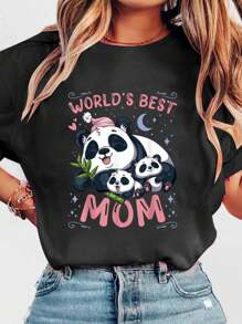 Mother Panda Bear & 2 Cubs, Mother's Day, World's Best Mom Print Crew Neck Casual T-Shirt Short Sleeve Sports Top, Smart Casual/Street Style Women's Clothing