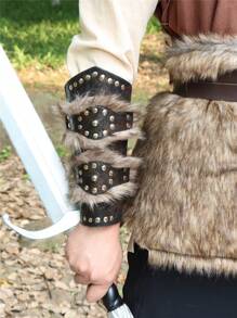 1Pc Medieval Viking Warrior Faux Leather Wristguard Steampunk Riveted Arm Guard Live Action Role Playing Costume Men And Women Halloween Accessories - Black - View 9