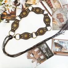 1pc Western Cowgirl Style Retro Waist Belt, American Vintage Metal Rivet Eyelet Patchwork Wide Waist Band, Punk & Personalized Summer, School