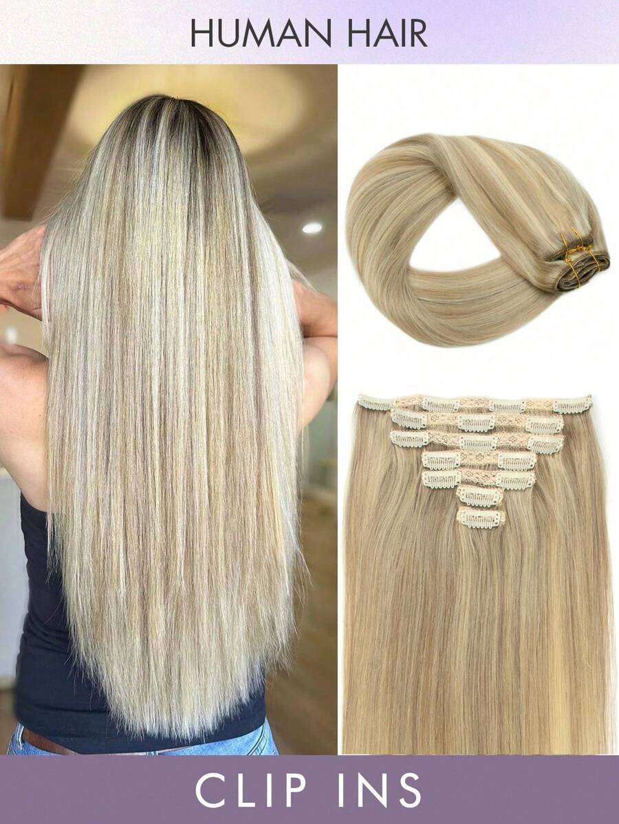7pcs Clip-In Hair Extensions, Real Human Hair, Color 18/613 Ash Blonde Highlights, 14-22 Inch Straight, Remy Human Hair Clip-In Extensions, Seamless Clip-In Hair Pieces - S18/613 - View 1