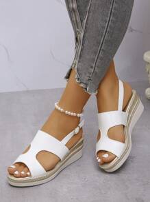 Sandálias femininas de verão, plataforma, sola grossa, brancas, estilo slingback, casuais, confortáveis, versáteis, para áreas externas, com bico aberto, sandálias rasteiras, modernas, com bico redondo e antiderrapantes, para férias na praia, sandálias de cor sólida estilo slip-on para férias