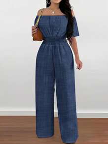 Women's Off Shoulder Jumpsuit With One-Piece Pants - Blue - View 2