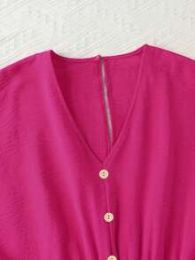 Jumpsuit Wanita Kasual Warna Polos Leher V dengan Kancing, Elegan untuk Musim Panas - Hot Pink - View 6