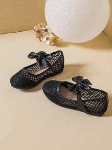 1 Pair Girls' Mesh Bowknot Flat Shoes, Spring/Summer - Black - View 2