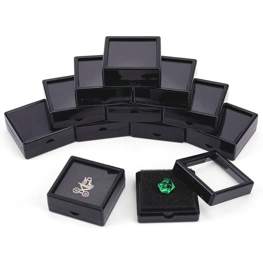 12 件装黑色宝石展示盒 2 英寸 X 0.78 英寸珠宝盒容器带透明顶盖适用于宝石硬币圣诞节节日婚礼珠宝包装