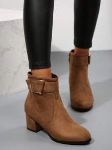 新款秋冬厚底圆头侧拉链时尚百搭高跟踝靴，弹性踝部设计，穿着舒适 - 棕色 - 查看 3