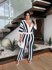 Fooullaide Women's Crochet Sets Two Piece Outfit Knit Hollow Out Color Block Button Down Shirts Matching Long Pants Beach Set - Blue and White - View 3