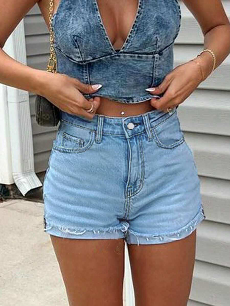 Top Simple Casual Basic Versatile Women's Mid-Waist Side Slit Denim Shorts