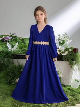Rochie maxi elegantă, cu decolteu în V și mâneci tip felinar, în linie A, pentru fete mai mari - Rochie de seară formală cu siluetă lejeră și manșete delicate | Ceremonii de absolvire, ținute pentru invitați la nuntă, evenimente religioase, gale formale, premii academice