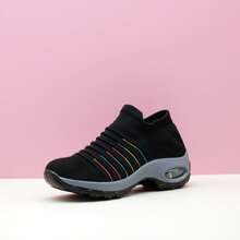 女士经典黑色休闲运动一脚蹬鞋、休闲鞋、摇摆鞋、舞鞋、针织气垫鞋 - 灰色 - 查看 4