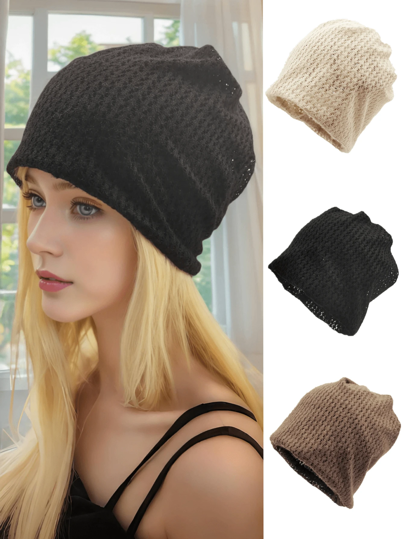 1pc All Season Unisex Fine Knit Hollow-Out Beanie Hat & Neck Warmer, Versatile For Casual Wear, Outdoor Activities, Maternity - A - View 1