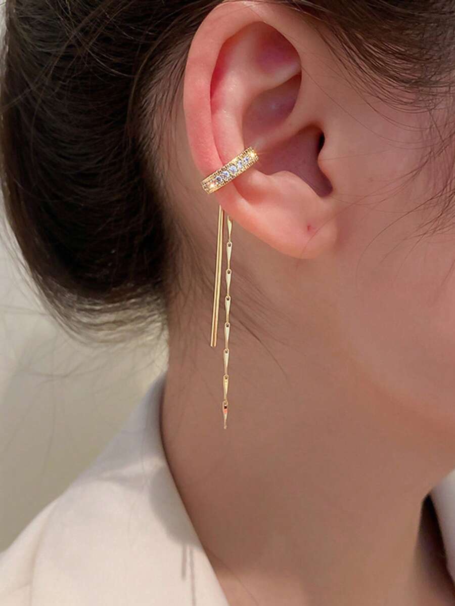 1 对锆石 C 形流苏耳夹，时尚简约耳环，适合无耳洞人士