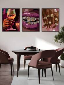 3pcs Set Modern Pink African Woman & Golden Jewelry Canvas Wall Art Prints, Bedroom Wall Art, Living Room Wall Decor, Dining Room Wall Decoration, Kitchen Decorative, Study Room, Corridor, Dormitory Decoration, Ideal Gift For Friends, Wall Arts, Wall Decoration, Home Decoration, Room Decoration Canvas Painting ,Posters,Frameless ﻿ ﻿ ﻿ ﻿ ﻿ ﻿ Gifts Birthday Graduation