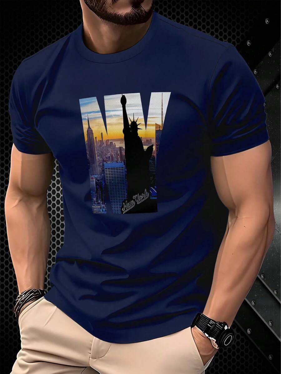 男士海军蓝 3D 印花自由女神像 T 恤，短袖圆领，休闲百搭舒适，可机洗 - 黑色 - 查看 1