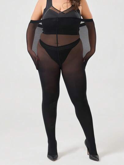 A Pair Of Black Oversized Tights Women's Simple Style Loose Plus Size Pantyhose, Cozy