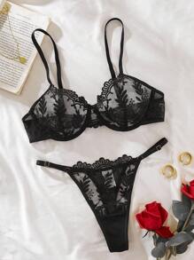 Nuevo conjunto de sujetador inalámbrico de encaje con bordado floral para primavera/verano, sujetador transparente sexy con aro, conjunto de 2 piezas de ropa interior y bragas, decoración íntima romántica para el dormitorio de la pareja