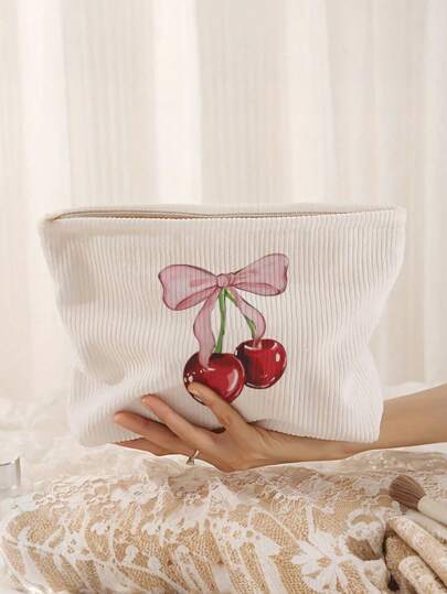 轻便樱桃蝴蝶结化妆包 - 时尚樱桃蝴蝶结印花灯芯绒化妆包，拉链化妆包，旅行洗漱包，多功能洗漱包，无香型，男女通用，不防水，化妆品收纳包，迷你化妆盒，旅行化妆盒，化妆刷收纳袋，适合通勤、上学和购物，方便户外使用，送给朋友和女朋友的礼物