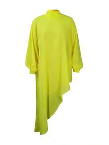 大码女式纯色立领灯笼袖宽松不对称下摆优雅上衣女士节日服装长袖连衣裙休闲黑凤凰复活节狂欢节服装 - 綠色 - 查看 3