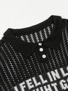 男女通用韩版简约休闲宽松字母图案马球领半襟短袖上衣，春夏 - 黑色 - 查看 4