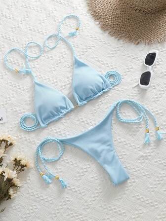 ชุดว่ายน้ำบิกินี่ถักสีพื้นผูกคอเซ็กซี่เปิดหลังระดับไฮเอนด์, สินค้าใหม่ปี 2025