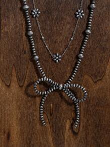 Set de 3 collares con lazo, flor, perla negra falsa y cuentas de turquesa para mujer. Estilo vaquero occidental con cadena de cuentas plateadas de material CCB, hechos a mano, regalo de cumpleaños, regalo de amistad, regalo de joyería