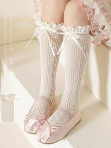 1 Pair Girls Lace Trim Knee High Socks, Lightweight Summer Bowknot Lolita Style Korean Ballerina Baby Kids Leg Socks
