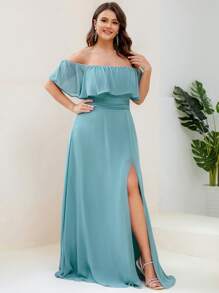 EVERPRETTY Vestido de dama de honor formal con hombros descubiertos y abertura en el muslo, talla grande - Azul Cadete - Ver 4